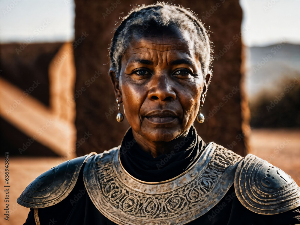 photo of strong ancient senior black female warrior with roman armor stained, generative AI photo of strong ancient senior black female warrior with roman armor stained, generative AI