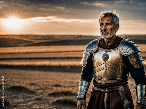 photo of strong ancient senior male warrior with roman armor stained, generative AI