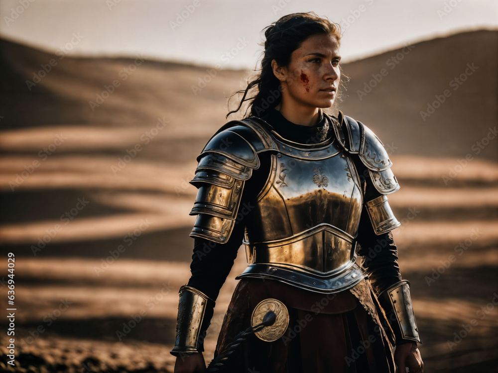 photo of strong ancient young female warrior with roman armor stained, generative AI photo of strong ancient young female warrior with roman armor stained, generative AI