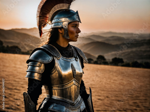 photo of strong ancient young female warrior with roman armor stained, generative AI