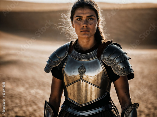 photo of strong ancient young female warrior with roman armor stained, generative AI