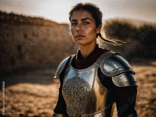 photo of strong ancient young female warrior with roman armor stained, generative AI