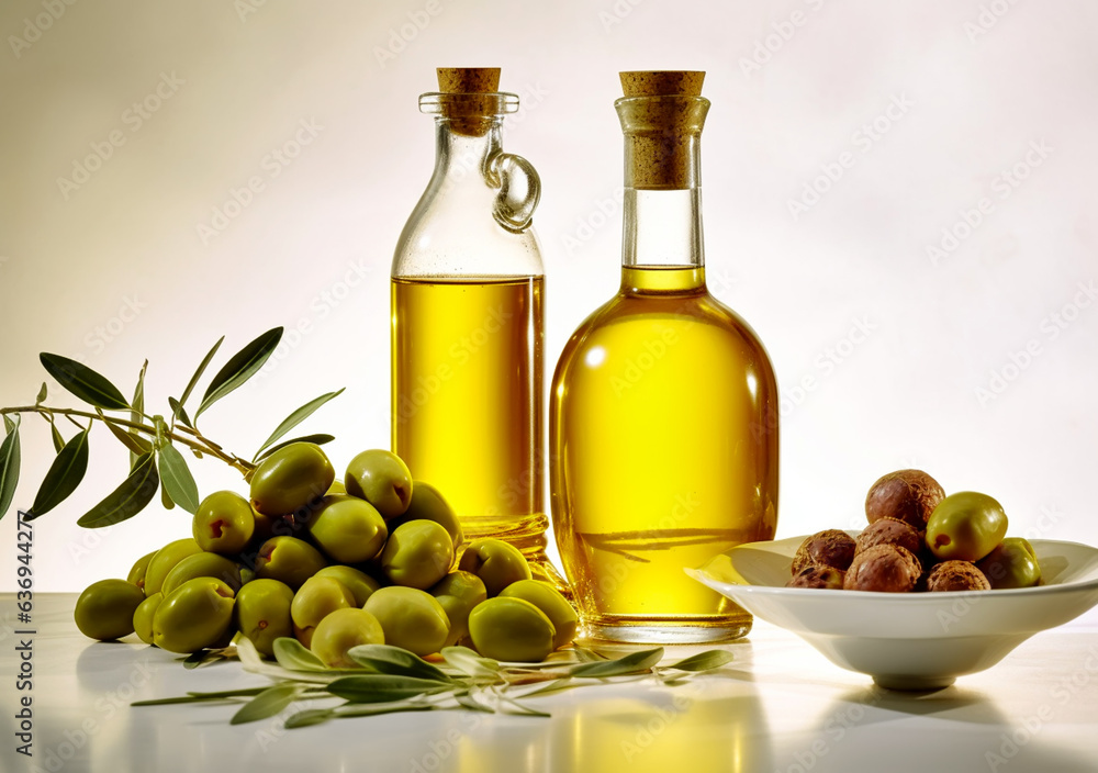 Glass bottle of premium virgin olive oil and some olives with leaves isolated on a white background Glass bottle of premium virgin olive oil and some olives with leaves isolated on a white background