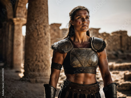 photo of ancient barbarian female warrior stained , generative AI