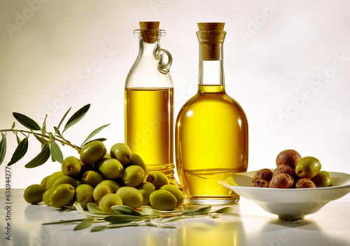 Glass bottle of premium virgin olive oil and some olives with leaves isolated on a white background