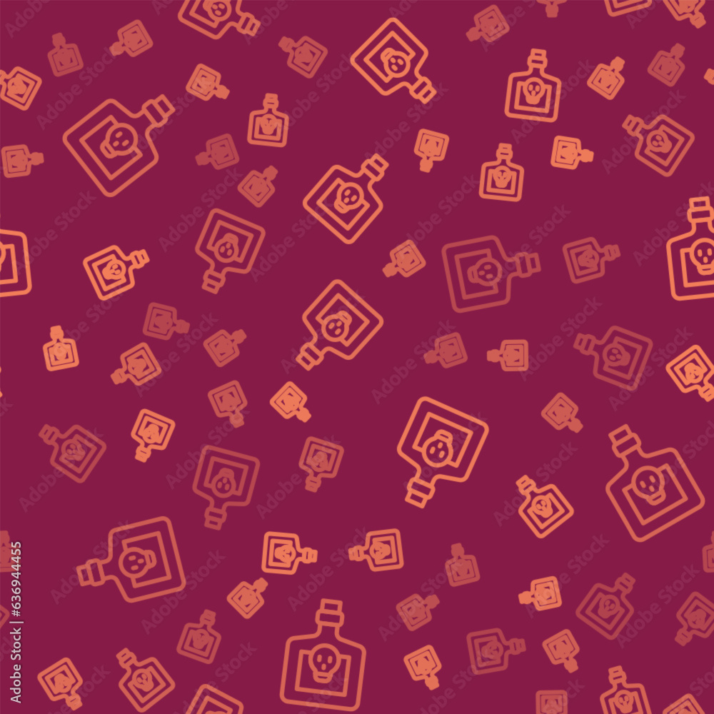 Brown line Bottle with potion icon isolated seamless pattern on red background. Flask with magic potion. Happy Halloween party. Vector Brown line Bottle with potion icon isolated seamless pattern on red background. Flask with magic potion. Happy Halloween party. Vector