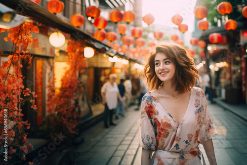 Wallpaper Mural portrait of a young woman walking along an Asian looking street with many lanterns Torontodigital.ca