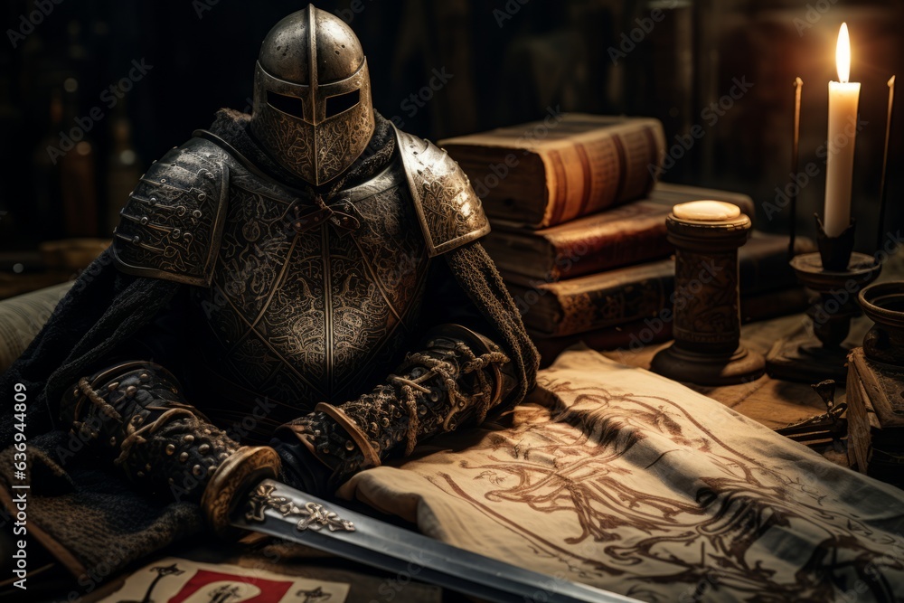 A collection of images showcasing authentic artifacts from the Knights Templar era, such as swords, armor, and ancient manuscripts. Generative Ai - obrazy, fototapety, plakaty 