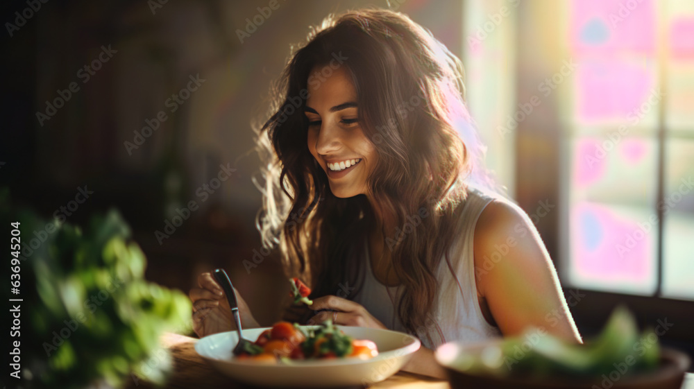 Joyful Salad Moment: Woman Relishing a Vegetable Dish