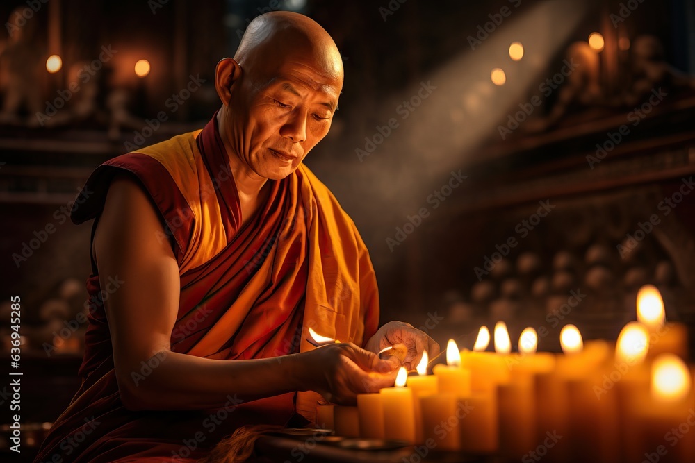 Monks are lighting candles to perform rituals in the ubosot. Monks are lighting candles to perform rituals in the ubosot.