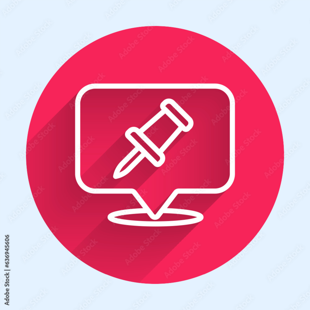 White line Push pin icon isolated with long shadow background. Thumbtacks sign. Red circle button. Vector White line Push pin icon isolated with long shadow background. Thumbtacks sign. Red circle button. Vector
