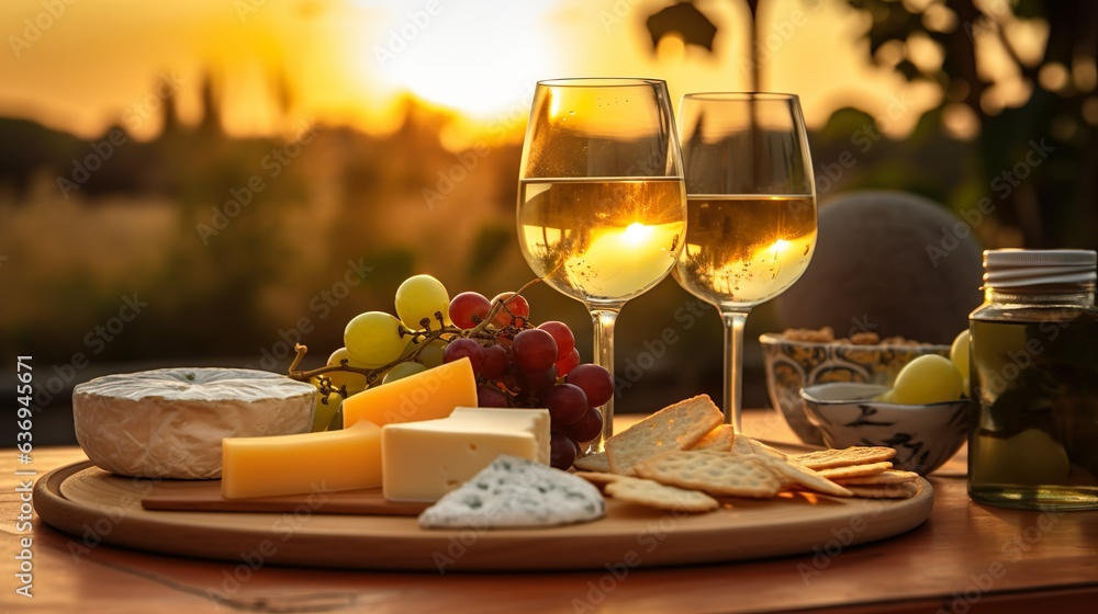 Cheese platter with grapes, nuts, figs, white wine on the table in a restaurant with sea view. Copy space. Appetizer for festive picnic, dinner or party.