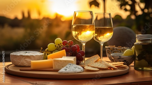 Cheese platter with grapes  nuts  figs  white wine on the table in a restaurant with sea view. Copy space. Appetizer for festive picnic  dinner or party.