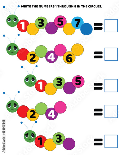 Educational worksheet for preschool kids.  Math game for children with caterpillar