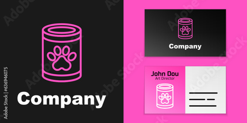 Pink line Canned food icon isolated on black background. Food for animals. Pet food can. Logo design template element. Vector