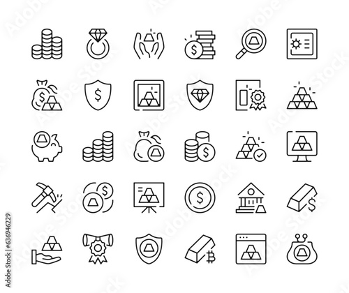 Gold icons. Vector line icons set. Black outline stroke symbols