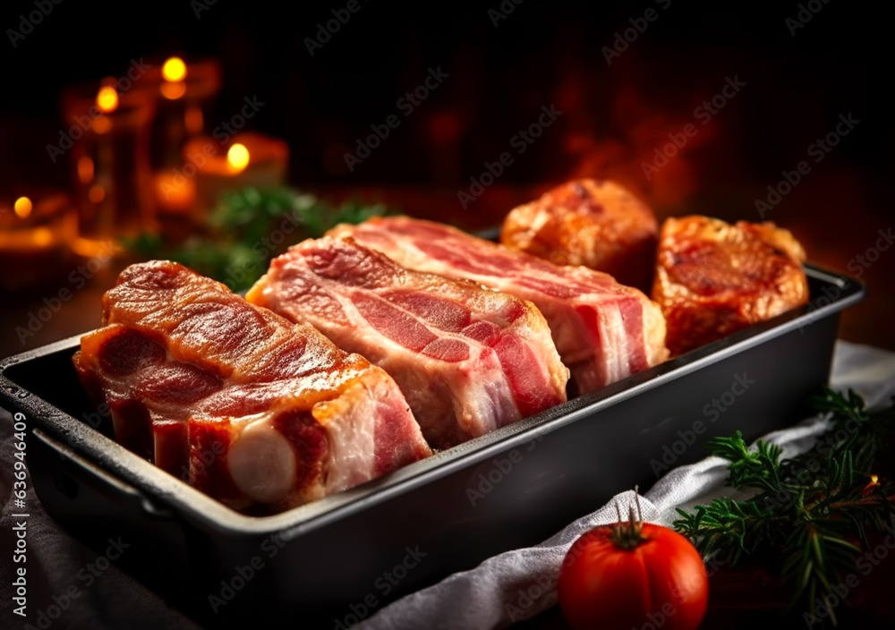 Variety of raw meat with seasoning on dark background. Top view with copy space, AI Generated Variety of raw meat with seasoning on dark background. Top view with copy space, AI Generated