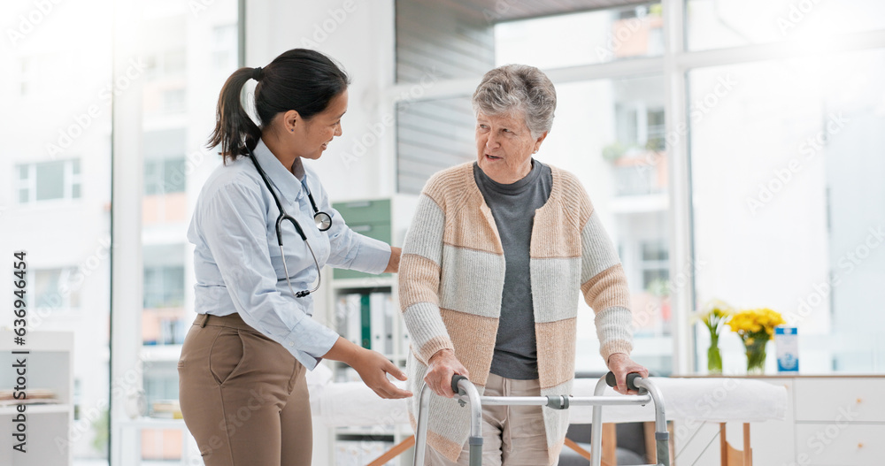 Obraz premium Physical therapy, walker or doctor nursing old woman in retirement or hospital for wellness or support. Exercise, caregiver helping or elderly patient learning with walking frame in rehabilitation