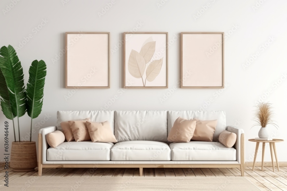 Beige sofa in the living room with white wall and three mock up posters Beige sofa in the living room with white wall and three mock up posters