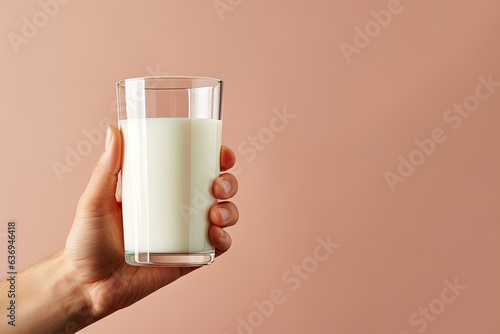 Hand holding a glass of fresh milk with copy space