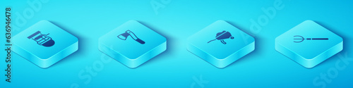 Set Isometric Well with bucket, Wooden axe, Garden pitchfork and Wheelbarrow dirt icon. Vector