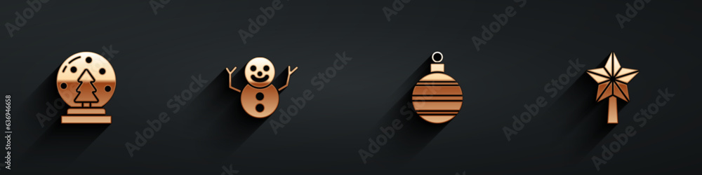 Naklejka premium Set Christmas snow globe, snowman, ball and star icon with long shadow. Vector