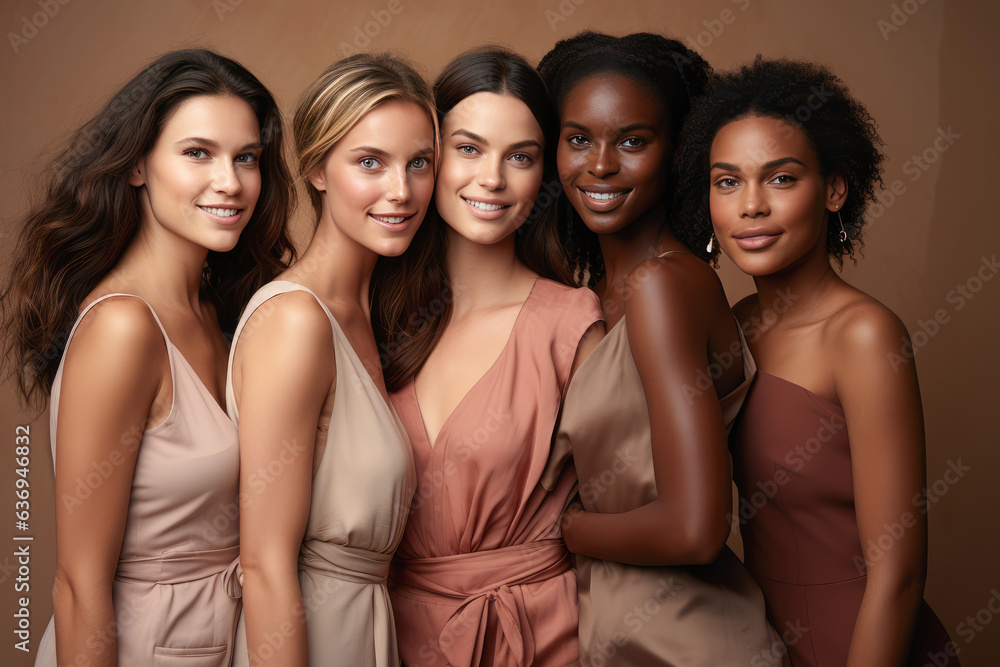 Obraz premium Group of beautiful women in evening dresses on wooden background, closeup. created by generative AI technology.