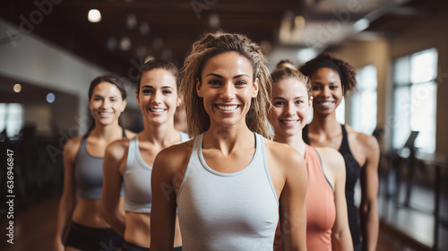 Portrait of smiling sporty women looking at camera in fitness studio. created by generative AI technology. © hakule
