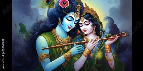 Canvas Print Radha Krishna Playing Flute, janmashtami, illustration, generative a
