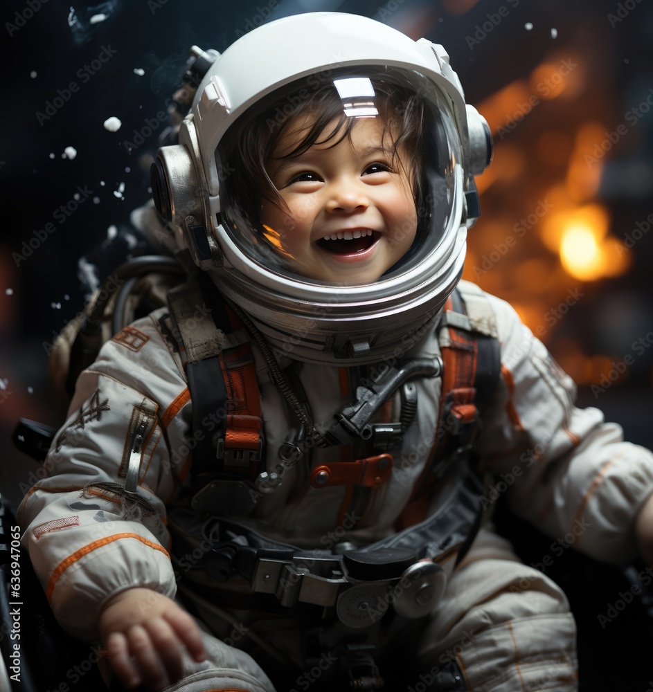Happiness little boy in astronaut helmet against the background of the planet. created by generative AI technology. Happiness little boy in astronaut helmet against the background of the planet. created by generative AI technology.