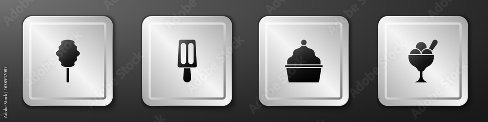 Set Cotton candy, Ice cream, Cake and in bowl icon. Silver square button. Vector Set Cotton candy, Ice cream, Cake and in bowl icon. Silver square button. Vector