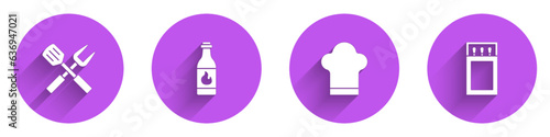Set Crossed fork and spatula, Tabasco sauce, Chef hat and Matchbox matches icon with long shadow. Vector