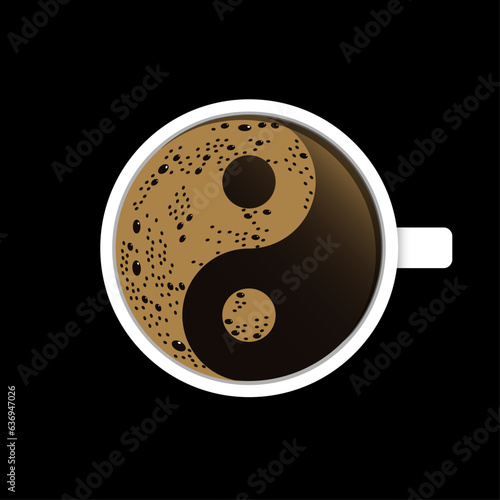 Top view of a coffee cup with foam in the creative  symbol shape of Yin Yang. Fresh espresso icon. Vector illustration isolated on black background