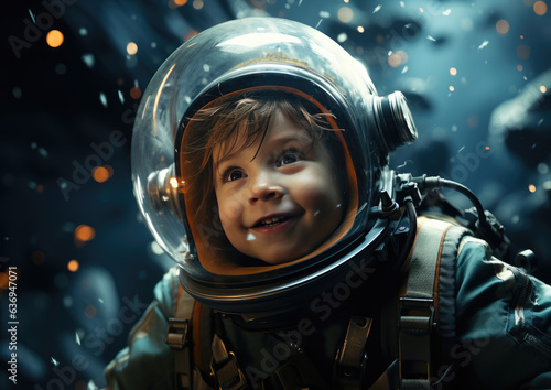 Surprised little boy in astronaut helmet against the background of the planet. created by generative AI technology.