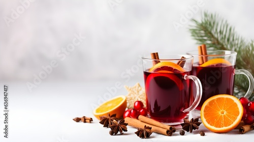 Christmas mulled red wine with spices and fruits on a white background. Traditional hot drink at Christmas time photo