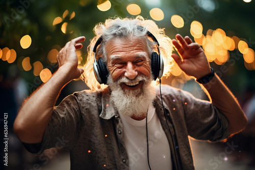 Old man dancing while listening to music in headphones