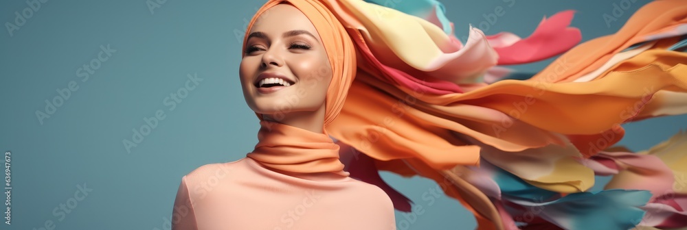 Arab women fashion, Muslim hijab woman in dynamic shot happy and positive for modest trendy. - obrazy, fototapety, plakaty 