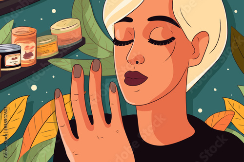 Young pretty woman in a cosmetics store testing a beauty product on her hand and smelling the scent with her eyes closed. Supermarket female customer next to a shelf with canned food trying to remembe