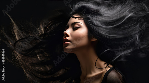 A Beautiful Woman Black Hair. Beautiful Black Hair Blowing. Generative Ai