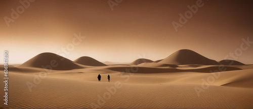 Two lonely figures of travelers in the desert. Landscape of golden dune. Wide angle shot. Desert scene.