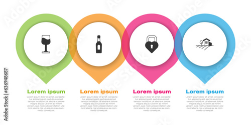 Set Wine glass, Champagne bottle, Castle the shape of heart and Village landscape. Business infographic template. Vector
