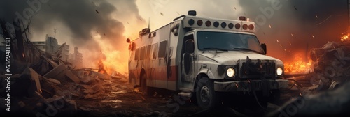 Ambulance burned destroyed in the middle of war zone city destruction background. © visoot