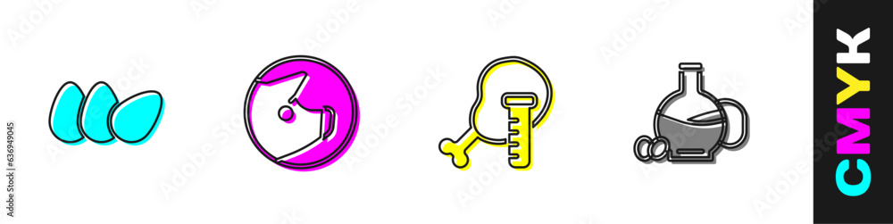 Set Chicken egg, Pig, Genetically modified chicken and Bottle of olive oil icon. Vector Set Chicken egg, Pig, Genetically modified chicken and Bottle of olive oil icon. Vector