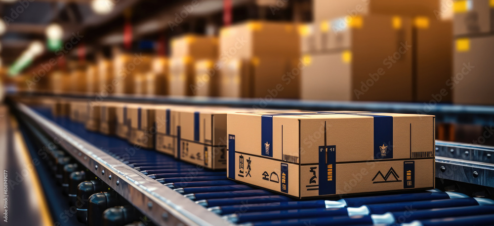 Conveyor belt in a distribution warehouse with row of cardboard box packages at modern industries warehouse.