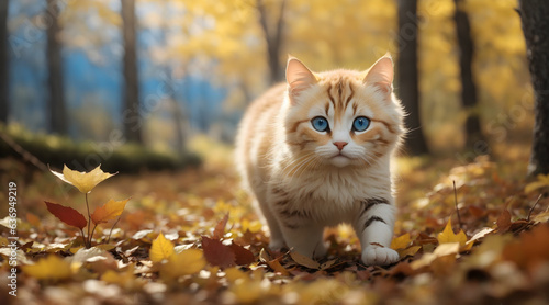 In the morning of Autumn season. Close up of the munchkin cat is walking in the forest.