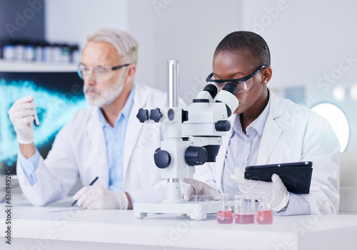 Science  laboratory and black woman with microscope  tablet and man with blood sample  test tube and medicine. Professional scientist team with study on virus growth  dna and analysis in lab together