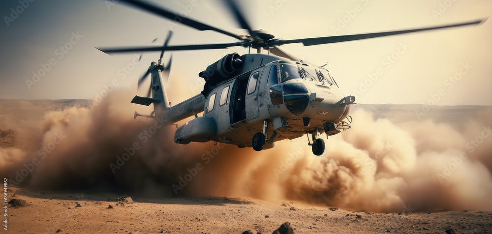 The military helicopter flies over the combat zone, carrying out its mission for the army, War concept The military helicopter flies over the combat zone, carrying out its mission for the army, War concept
