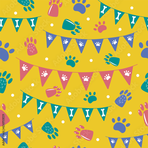 Seamless square pattern with bunting garlands, paws and bones for dog party. Vector hand drawn design.