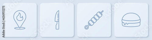 Set line Location with fire flame, Grilled shish kebab, Barbecue knife and Burger. White square button. Vector