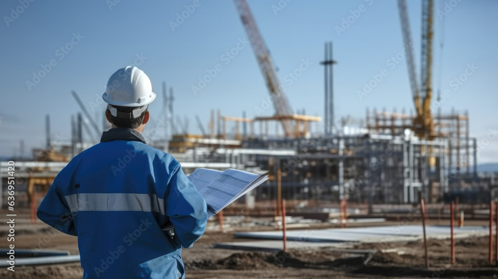 Project construction engineer are working in a construction site, Rear view. Project construction engineer are working in a construction site, Rear view.